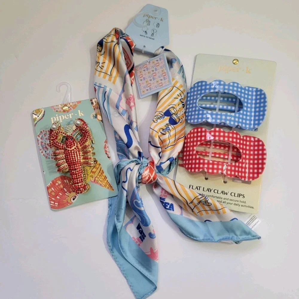 Piper K Lobster Scarf & Rhinestone Lobster Hair Claw Clip Gingham Beach Nautical